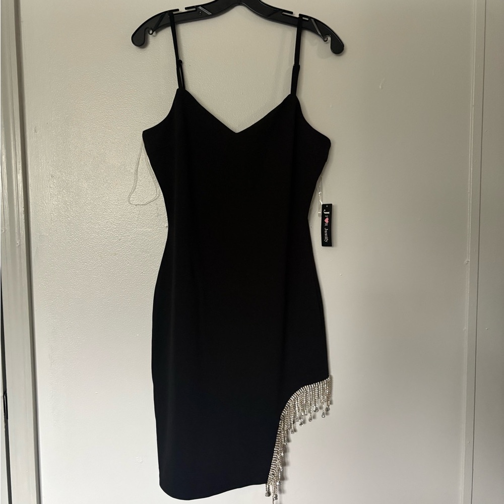 J for Justify Black Asymmetrical Dress with Fringe